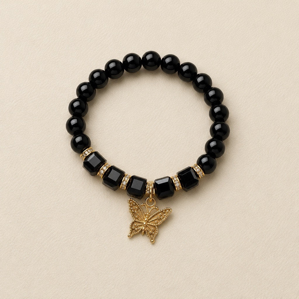 Geometric Onyx-Glass Statement Bracelet with Golden Butterfly Accent