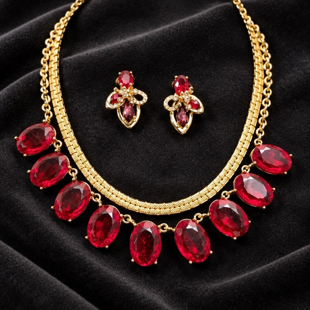 Vintage Hollywood Regency Signed TJG Ruby Red Rhinestone Statement Set