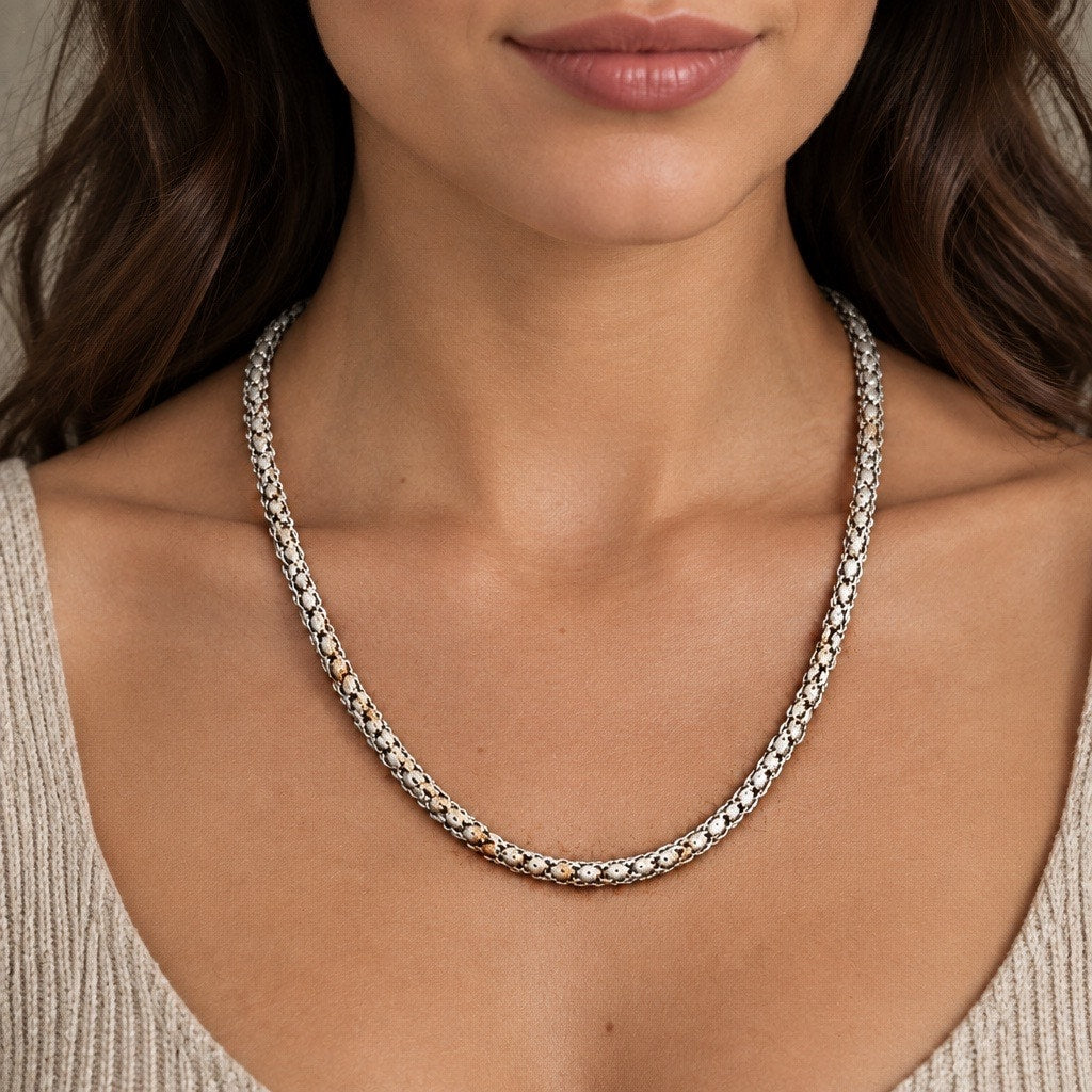 Delicate silver tone Bead Rope Necklace