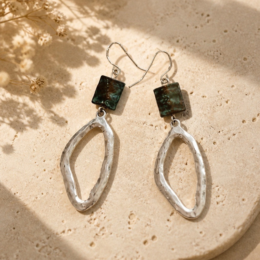 The Juniper Boho Drops – Hammered Silver Abstract Geometric Dangle Earrings