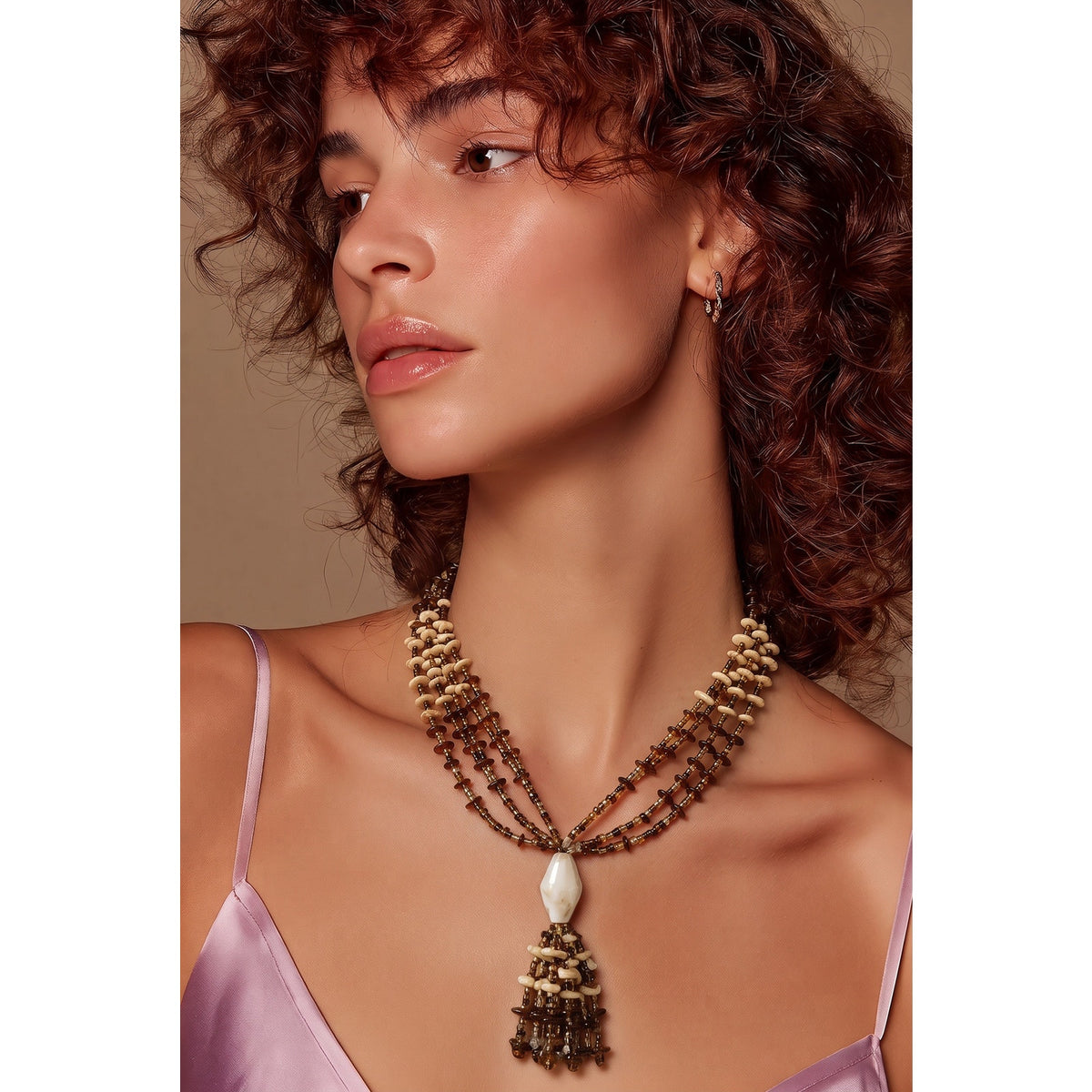 1970’s Vintage Boho 4-Strand Seed Bead & Carved Bone/Shell Lariat Tassel Necklace