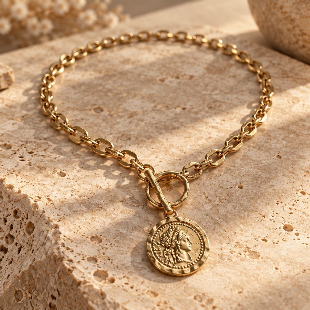 1980s VTG Julius Caesar Elephant Denarius Coin Medallion Toggle Necklace –