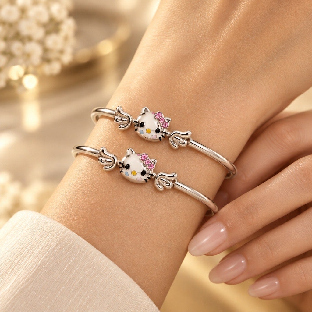 Modern Y2K Inspired Hello Kitty Angel Wing Crystal Pavé Silver Stacking Bangles
