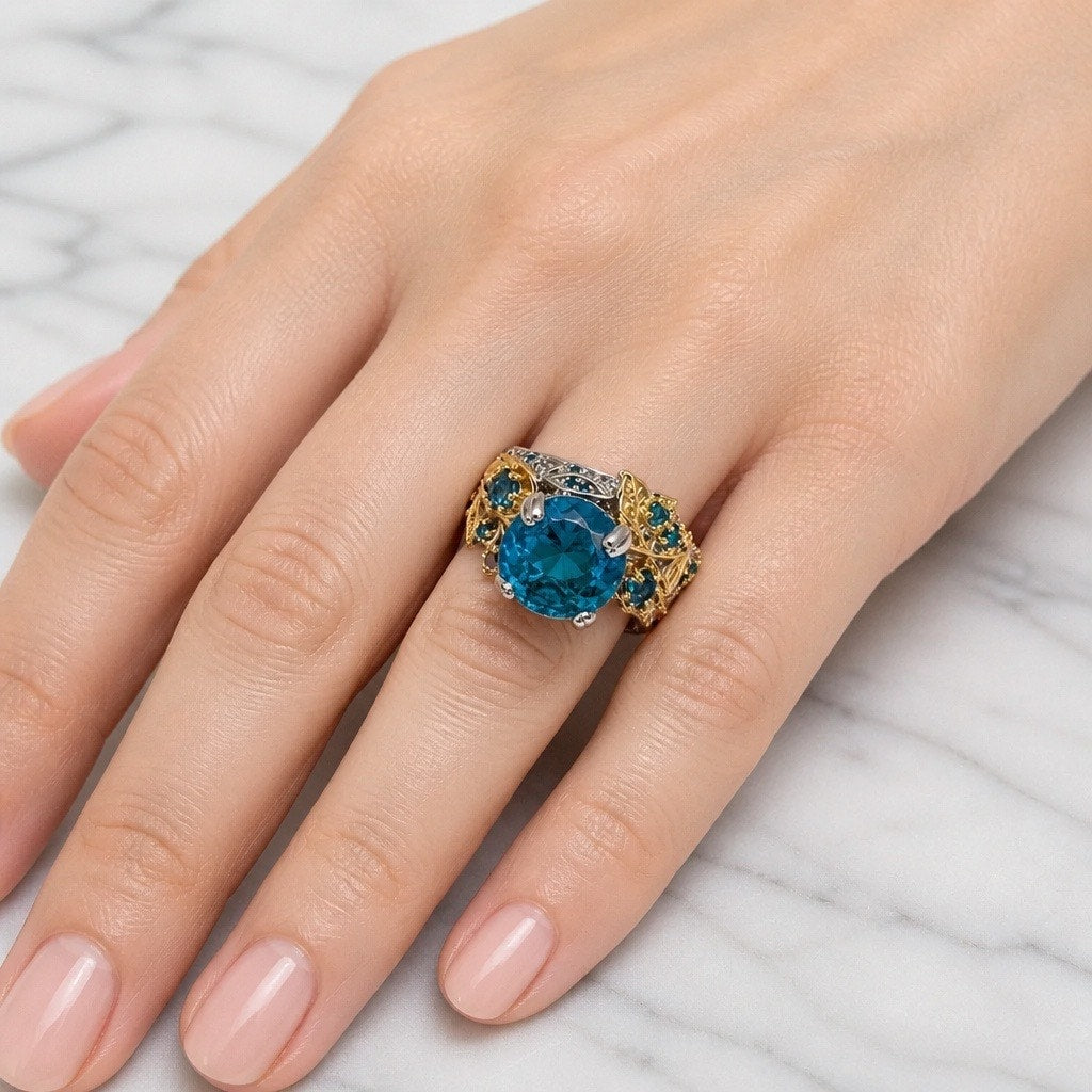 Susan & Gloria Boutique 925 Sterling Silver Art Deco Blue Topaz Filigree Ring