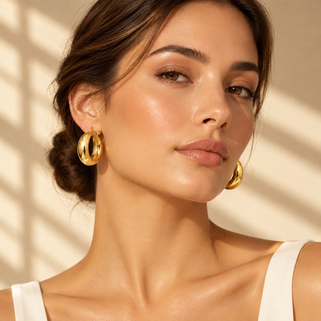 c 1990s Vintage Runway Chunky Golden High-Polish Teardrop Dome Hoop Earrings