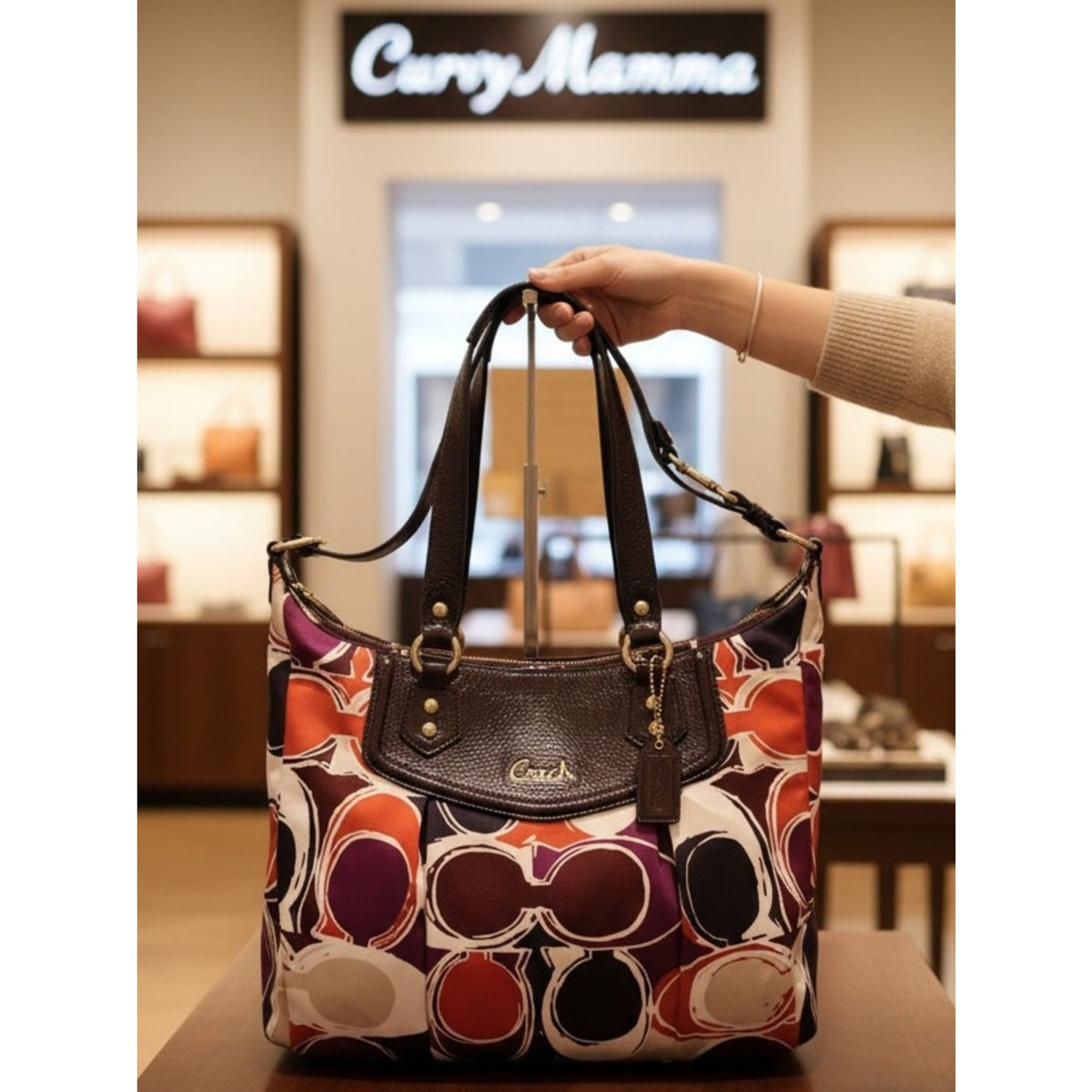 Vintage Coach Multicolor Circle-Print Shoulder Bag in Purple, Orange and Brown