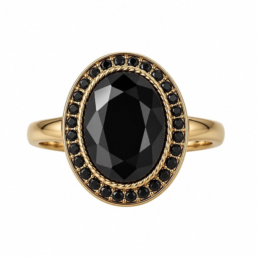 Vintage Oval Faceted Black Crystal Cocktail Ring • Gold Tone Goth Glam Statement Piece