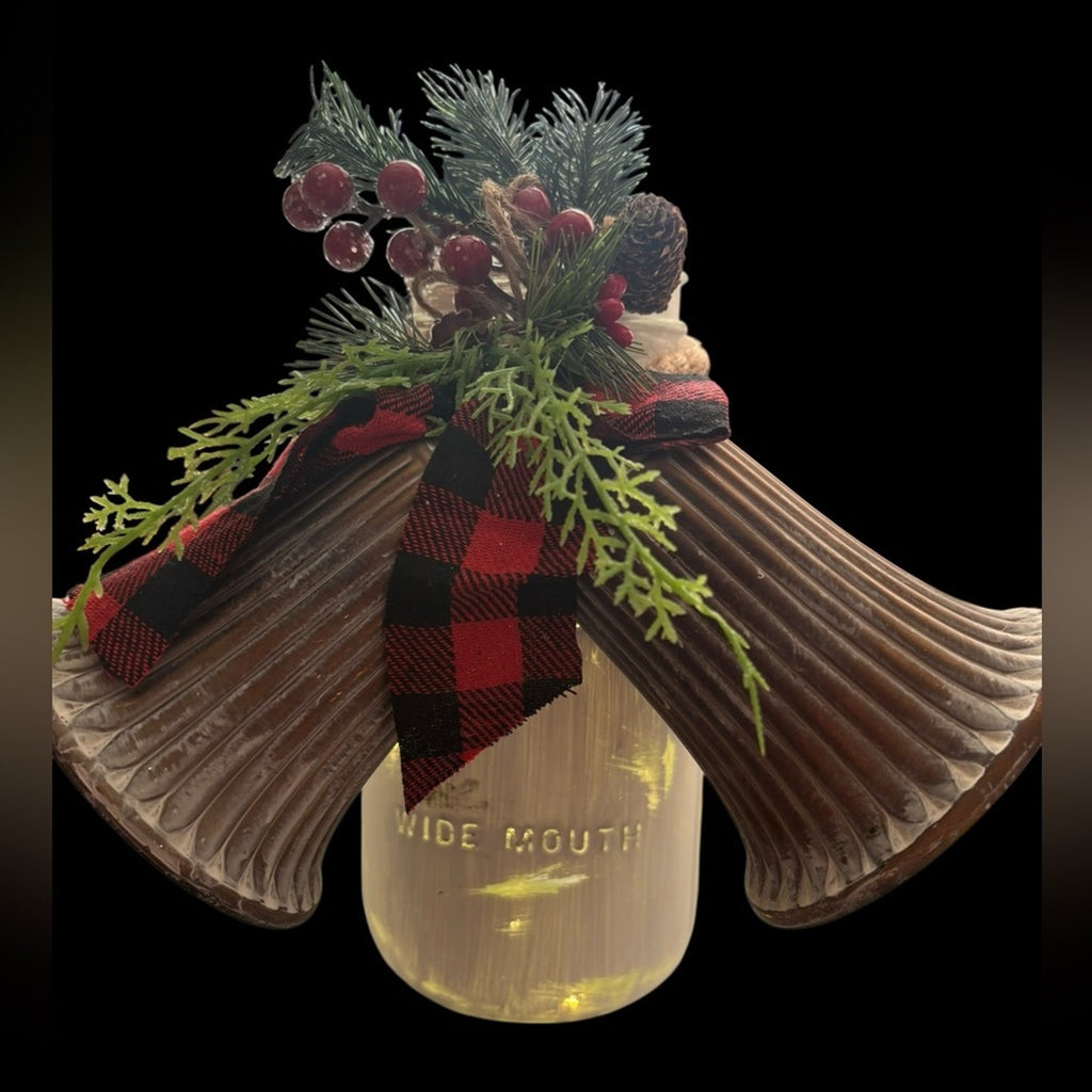 Led Lighted Wide Mouth Mason Jar Display with Rustic Bells