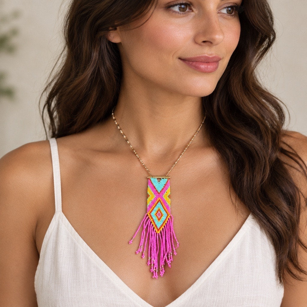 Boho Hand-Woven Loom Seed Bead Geometric Fringe Pendant Necklace