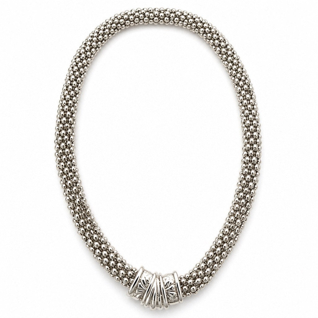 Vintage “Ambiance Bay” Silver Caviar Bead Mesh Collar Necklace Scrolled Filigree Slide