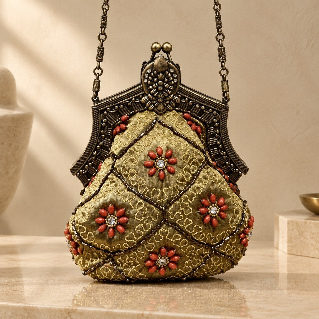 Rare VTG Handcrafted Style Frame Bag-Olive Silk & Coral Beadwork