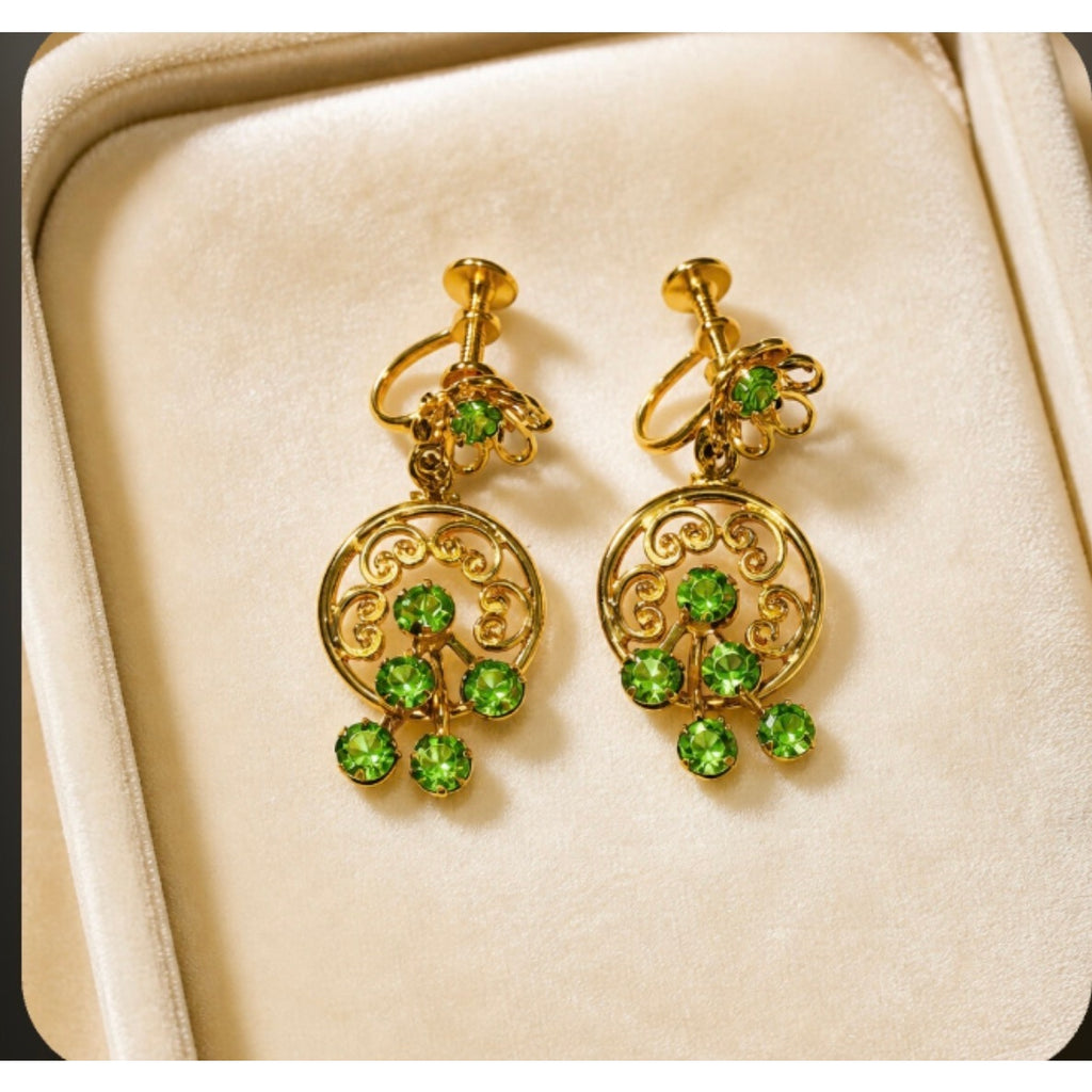 Vintage Gold Filigree Chandelier Earrings — Peridot Green Rhinestone Drop Screw Backs