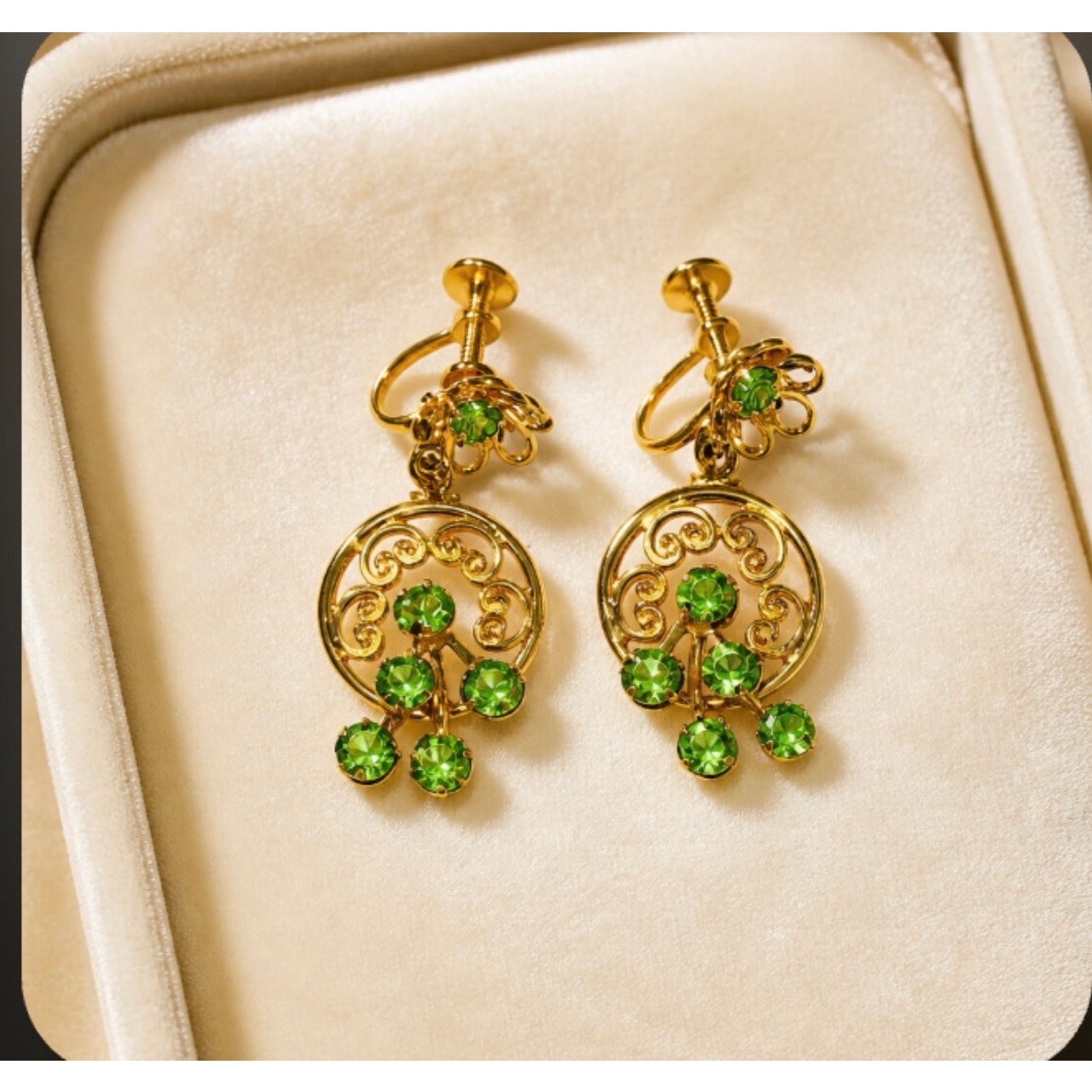 Vintage Gold Filigree Chandelier Earrings — Peridot Green Rhinestone Drop Screw Backs
