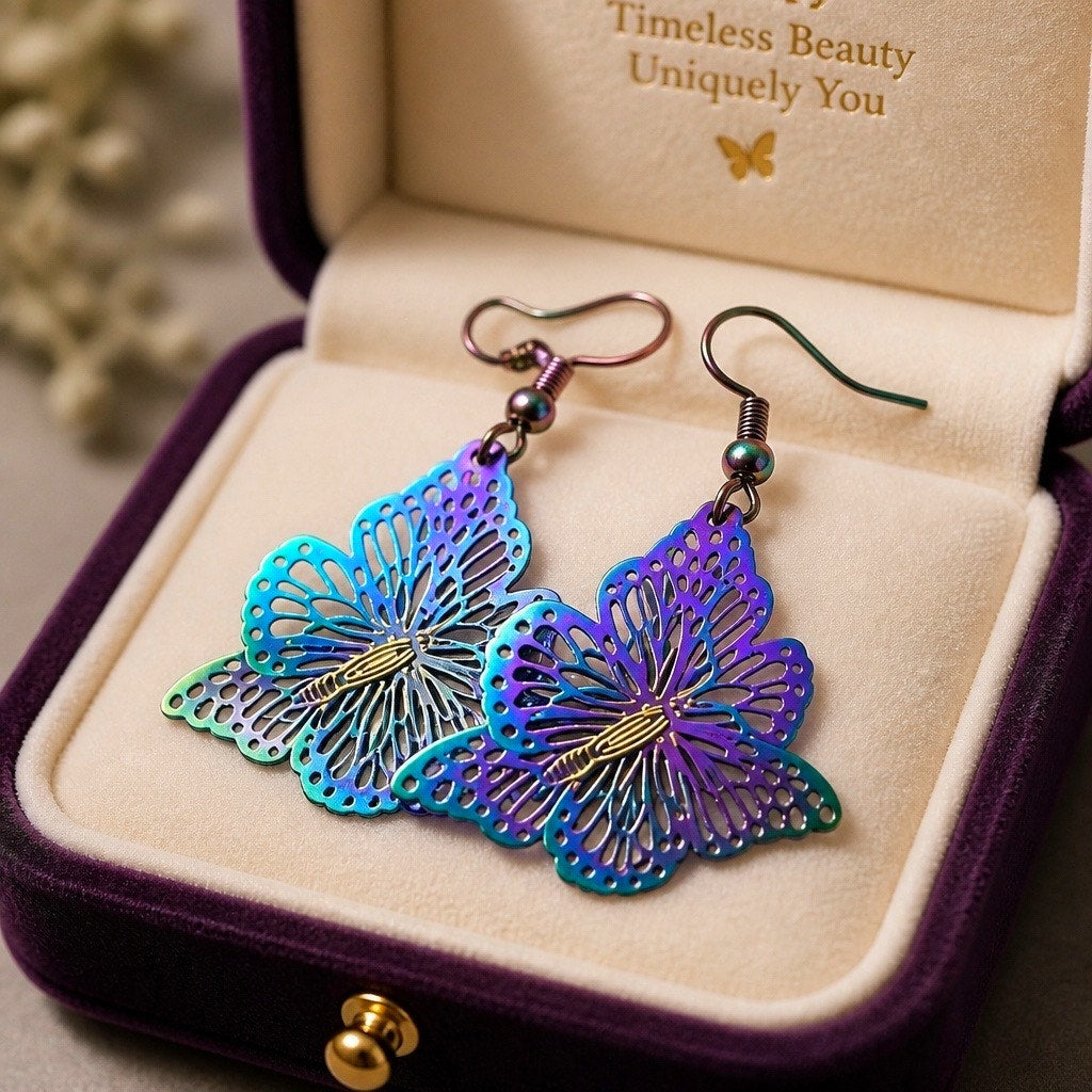Iridescent Purple & Blue Butterfly Dangle Earrings