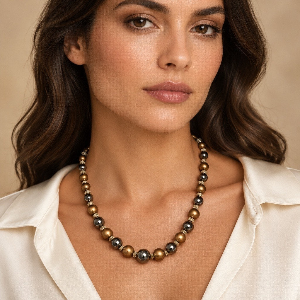 Luxury Mixed Metal Matte Gold Silver Orb Necklace, Heavy Statement Bead Choker