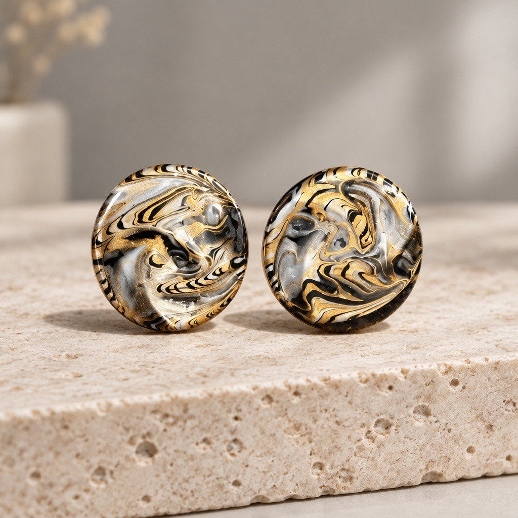 c.1988 Marbled Onyx and Gold Statement Studs, Premium Abstract