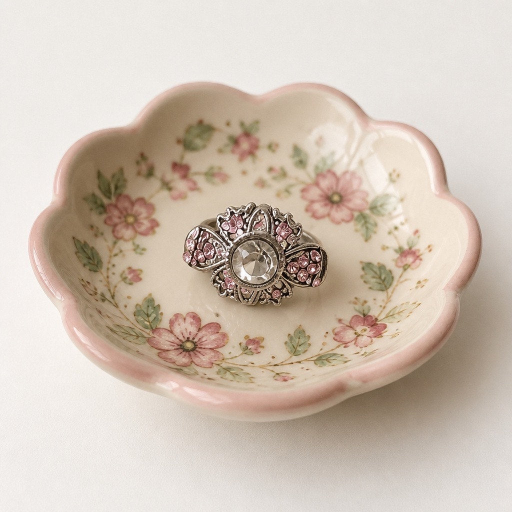 Vintage Crown 'M' Stamped Pink Rhinestone Floral Statement Ring
