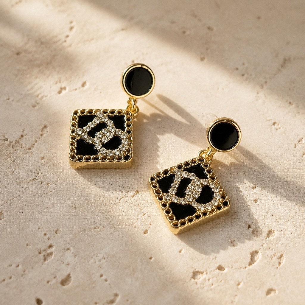 The Rue Royale Drops – Vintage Gold Lattice & Black Enamel Statement Earrings