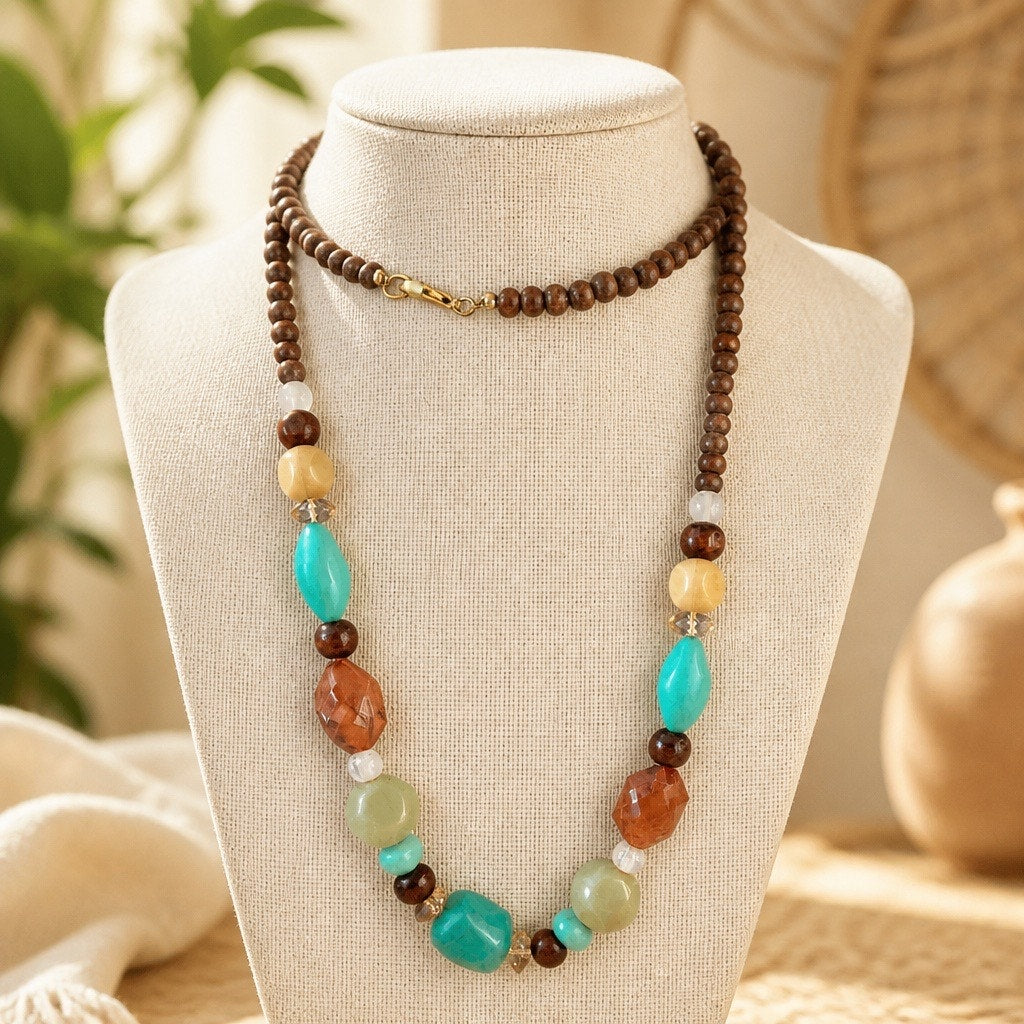 The Sedona Horizon Strand – Earthy Wood &  Turquoise Nugget Necklace Vintage