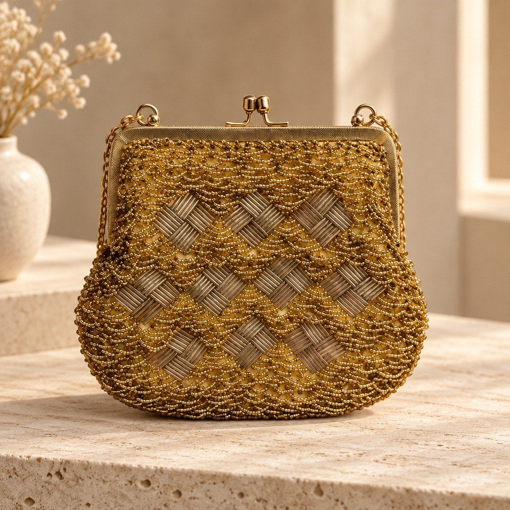 Vintage Liquid Gold Micro-Beaded Rare Basket-Weave Diamond Trellis Clutch | Museum-Grade