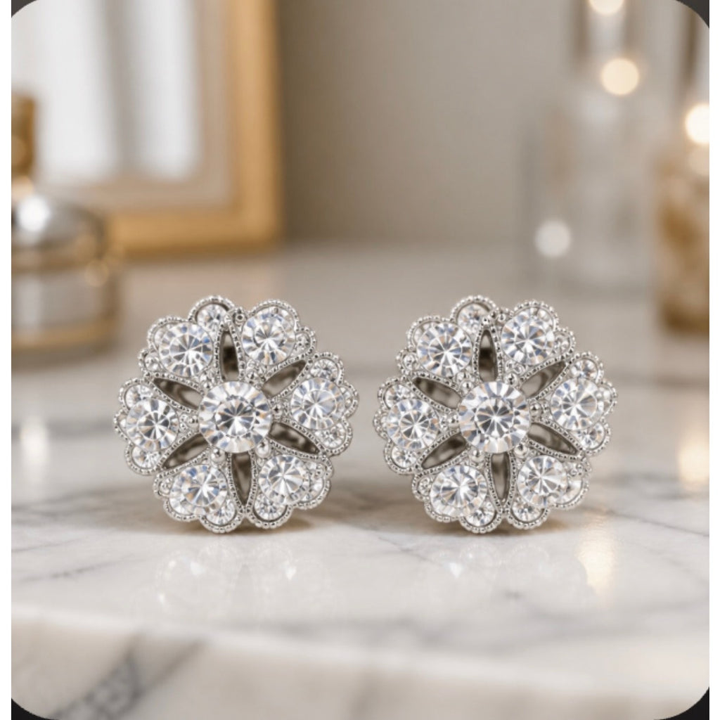 Vintage Silver Floral Rosette Cluster Stud Earrings — Art Deco Milgrain Crystal Flower Studs