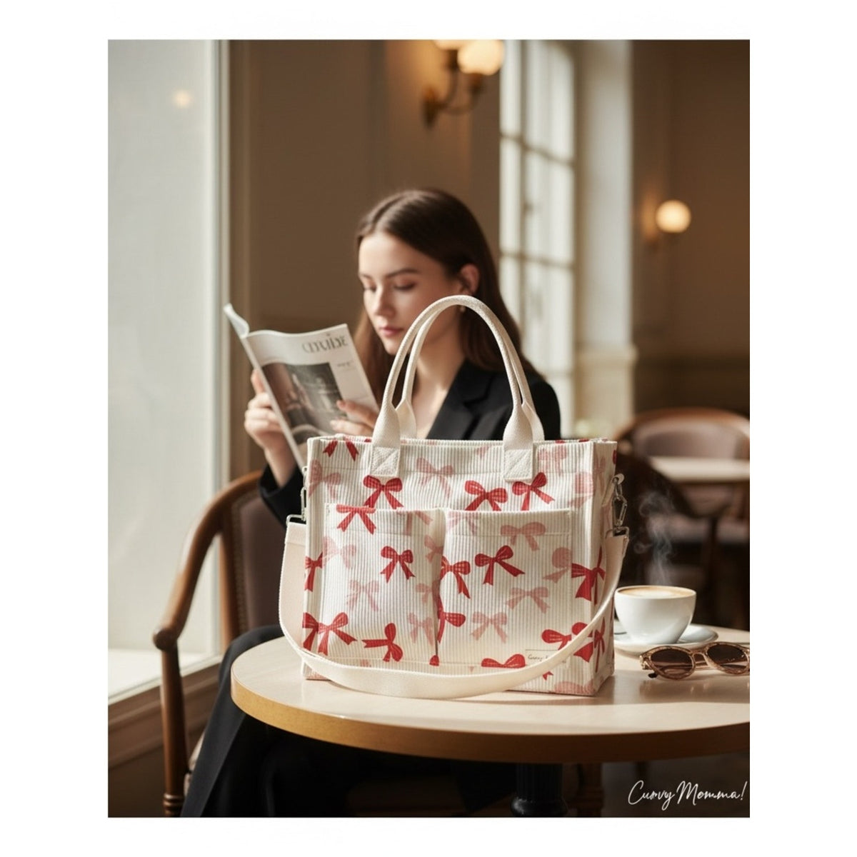 Cream Tote Bag with Red Bow Print
