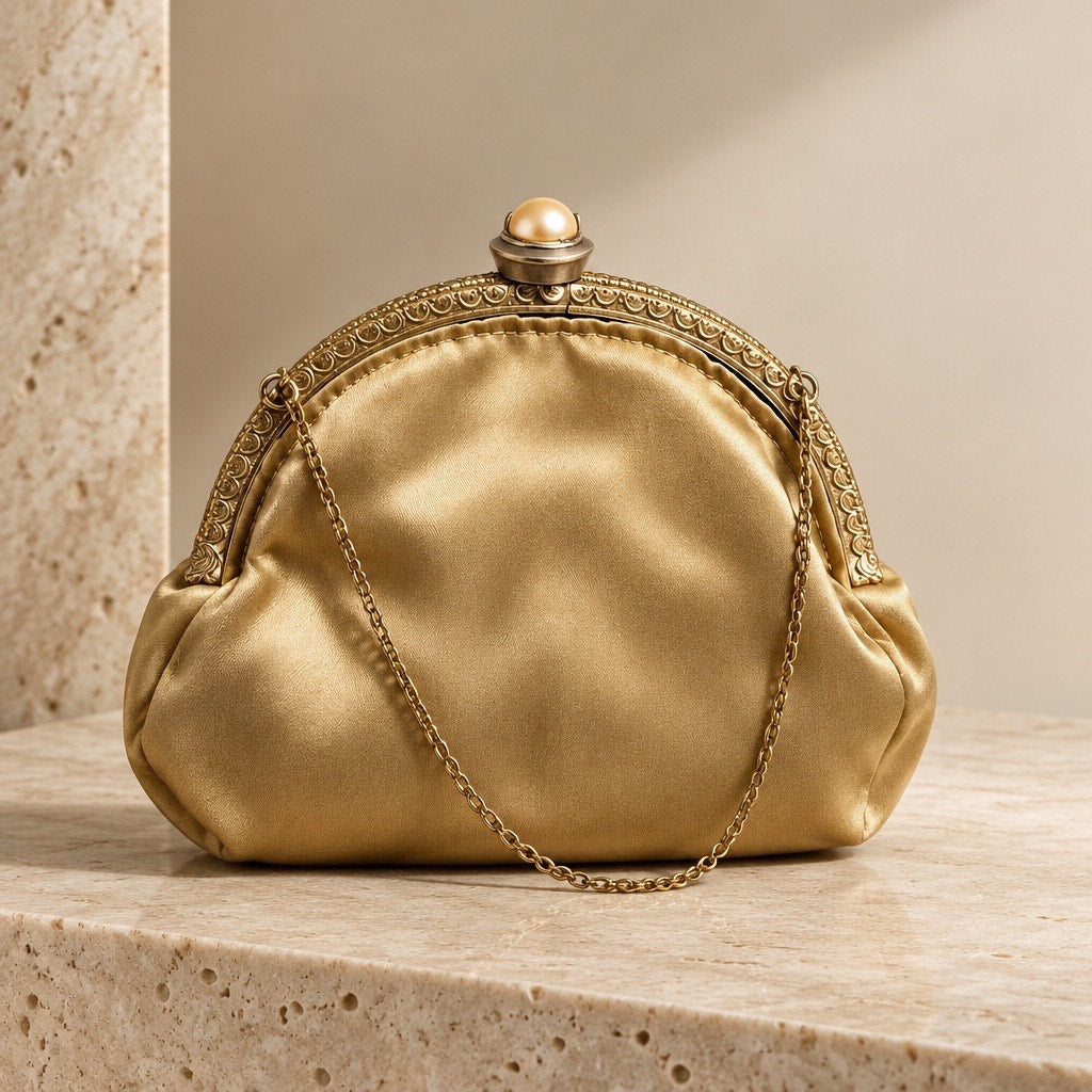 Mid-Century Gold Satin Ruched Evening Bag | Crown Pearl Clasp