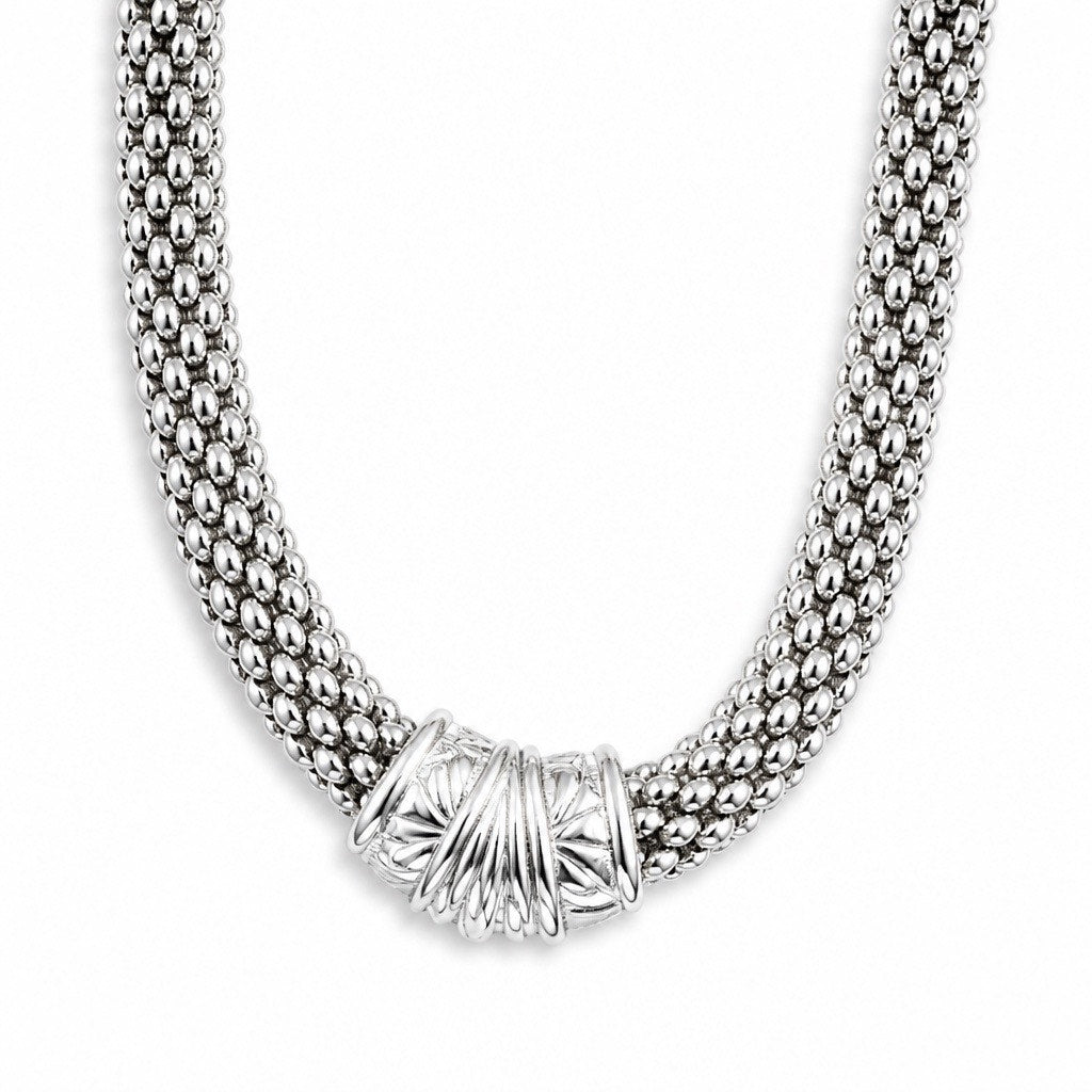 Vintage “Ambiance Bay” Silver Caviar Bead Mesh Collar Necklace Scrolled Filigree Slide