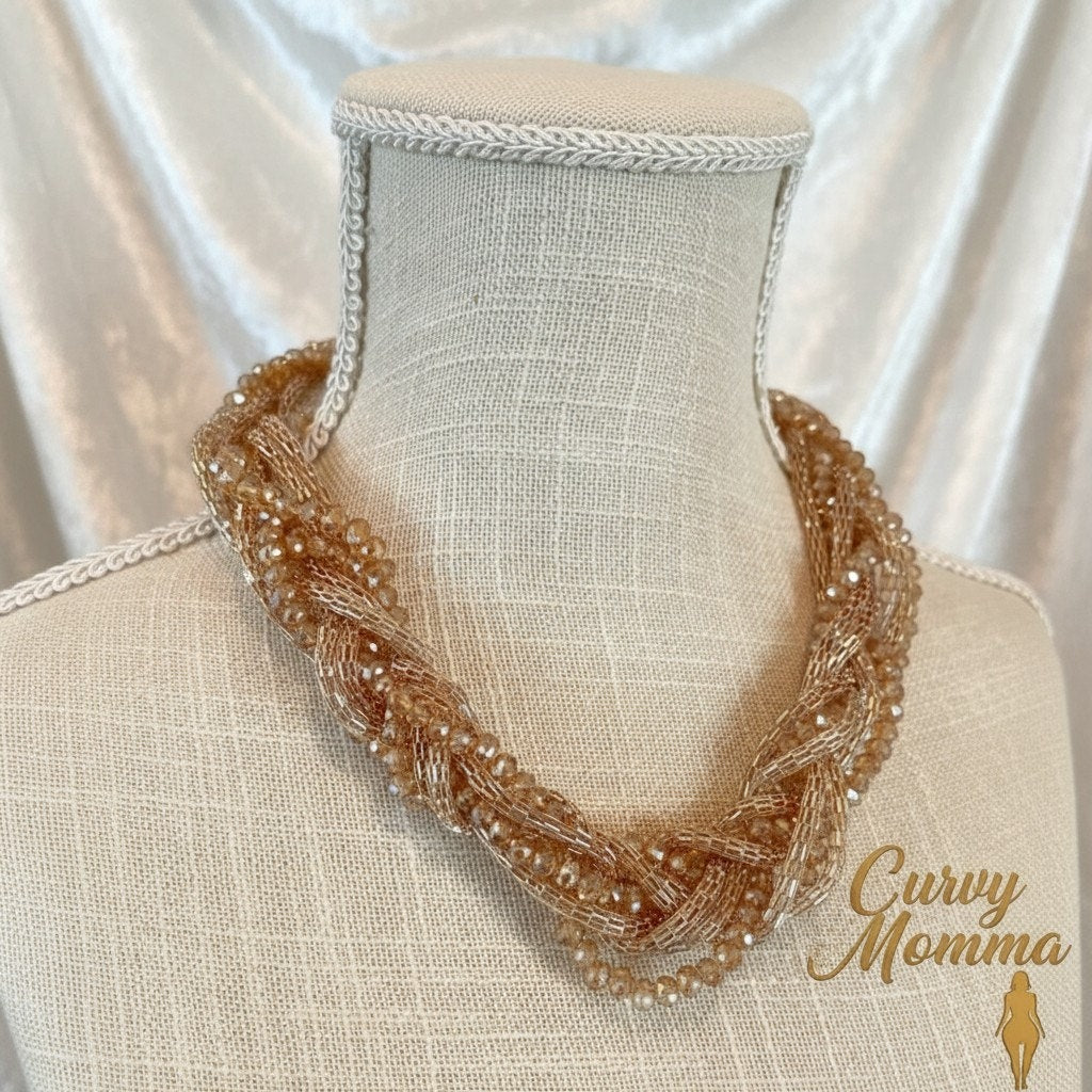 VTG Champagne Gold Beaded Multi Strand Braided Statement Choker Necklace