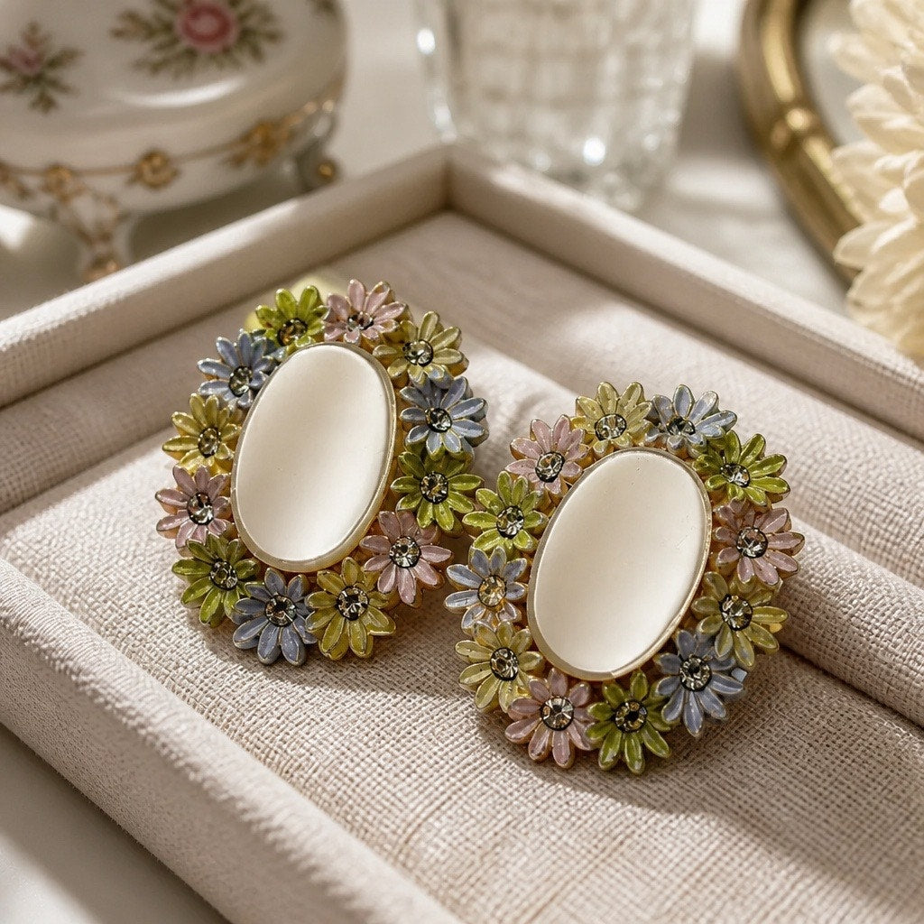 Rare Estate Find • 1950s Japan Pastel Rhinestone Daisy Cameo Earrings ✨