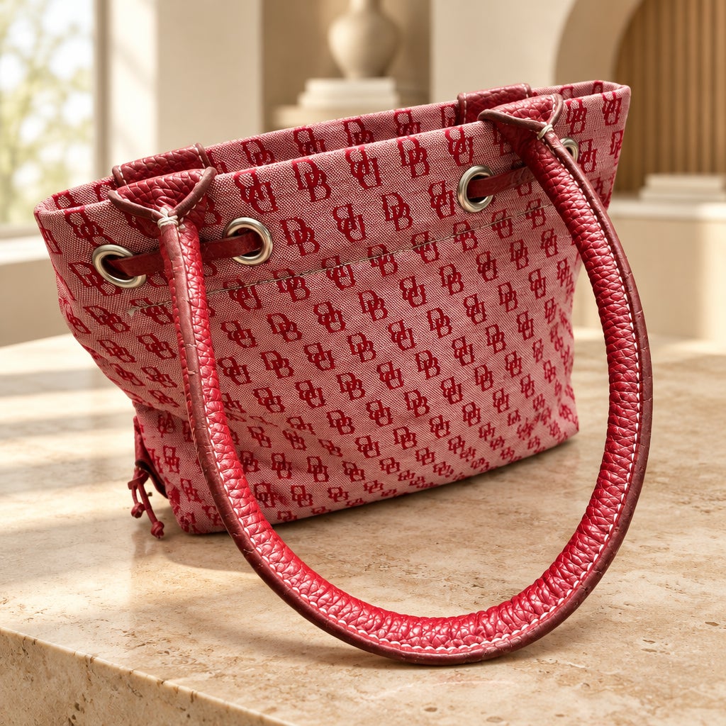 Circa 2000s Dooney & Bourke Y2K Monogram Canvas Tassel Drawstring Tote Handbag