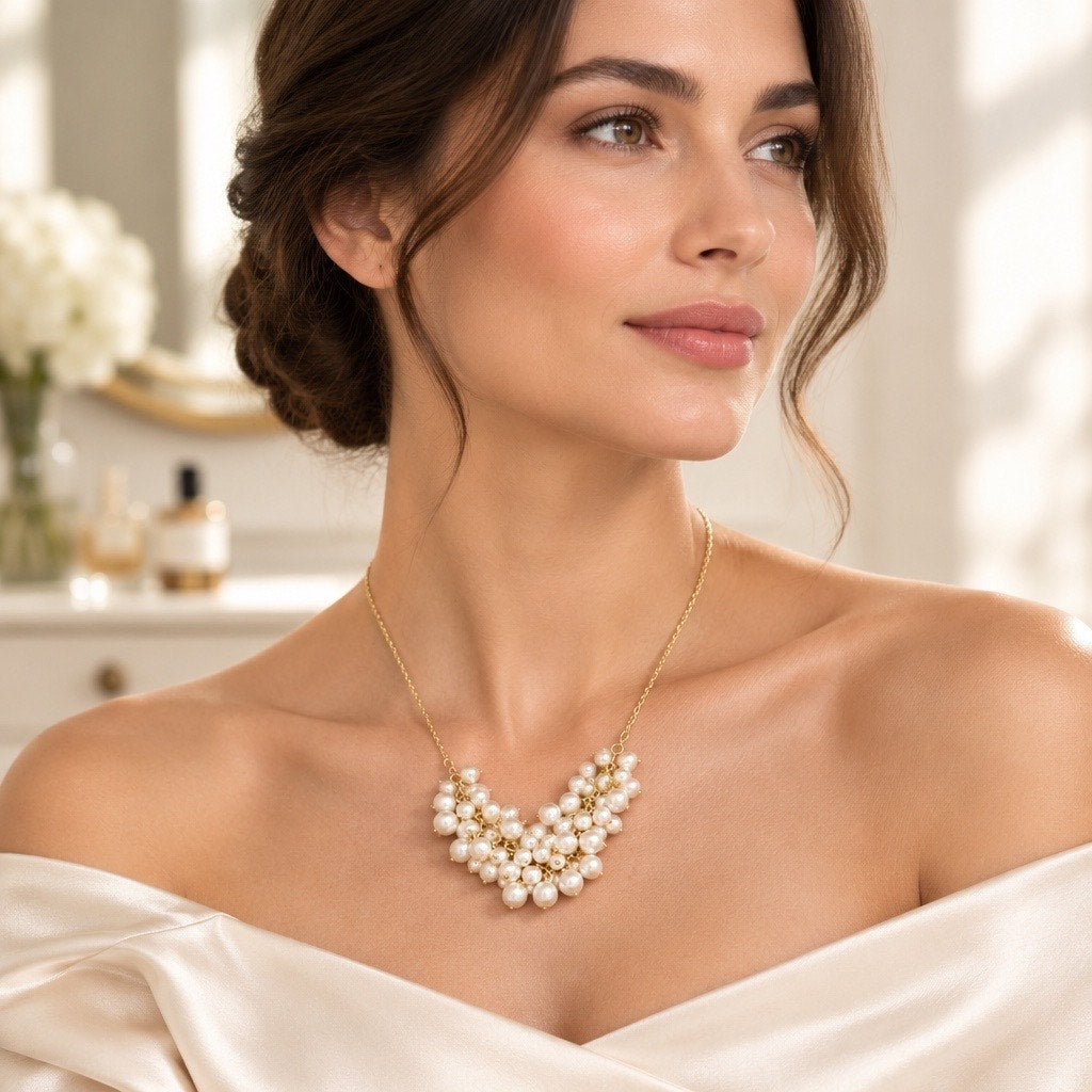 Vintage Liz Claiborne Pearl Cluster Bib Necklace, Heavy Gold Statement Collar
