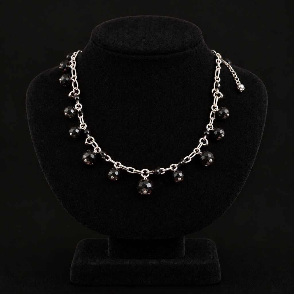 Vintage Style Faceted Black Spinel Onyx Dangle Choker Necklace