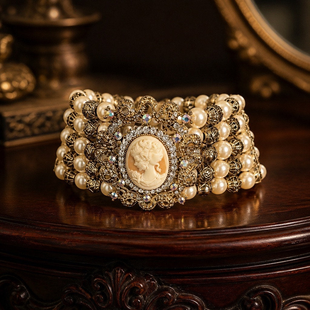 Bridal Opulence ✨ Vintage Style Ornate Crystal Cameo Pearl Cuff