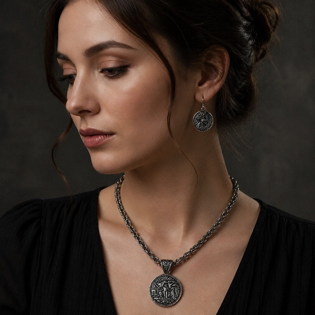Vintage Revival Antiqued Silvertone Medallion Pendant Necklace & Coin Drop Earrings Set
