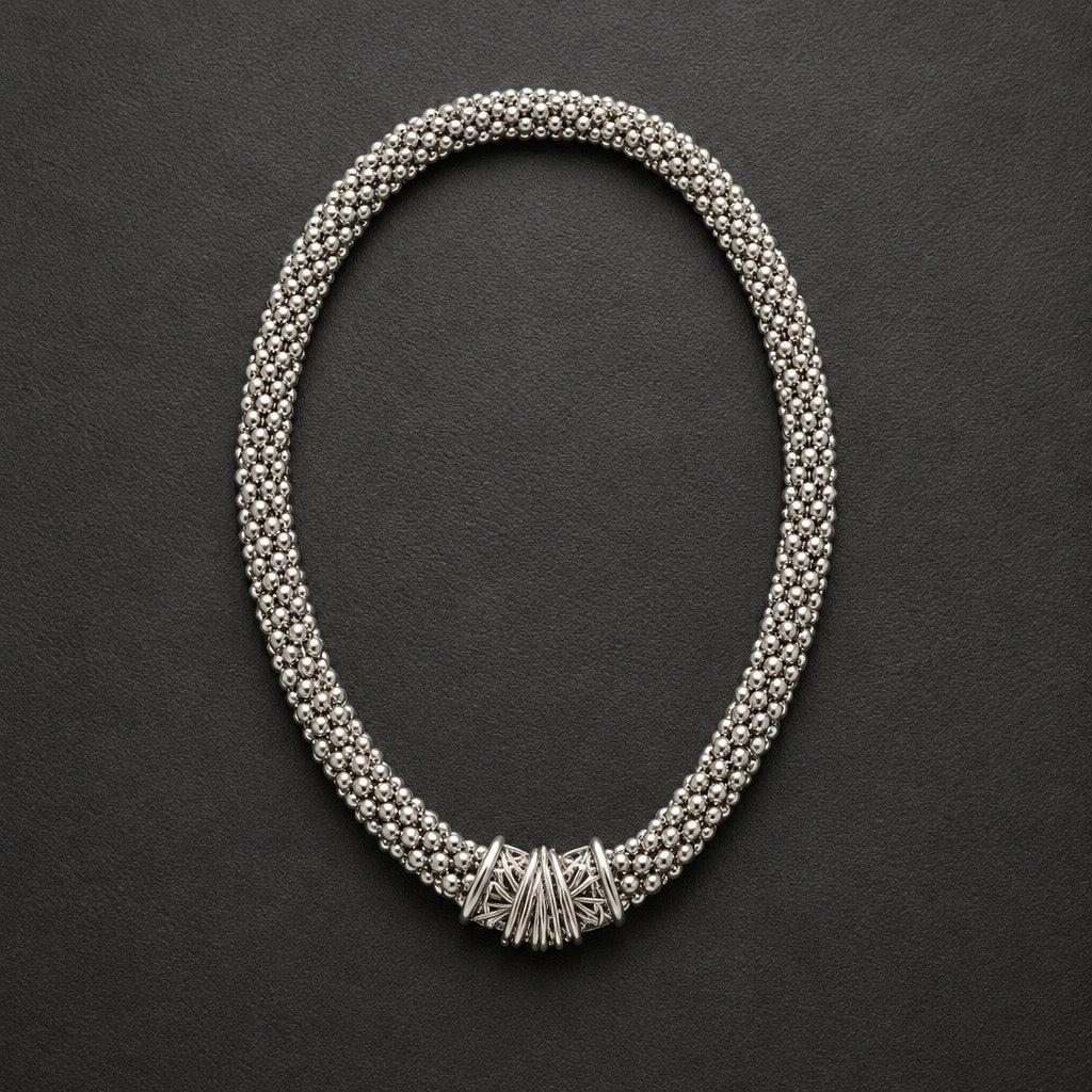 c.1980 Vintage Modernist Silver Beaded Mesh Collar Necklace