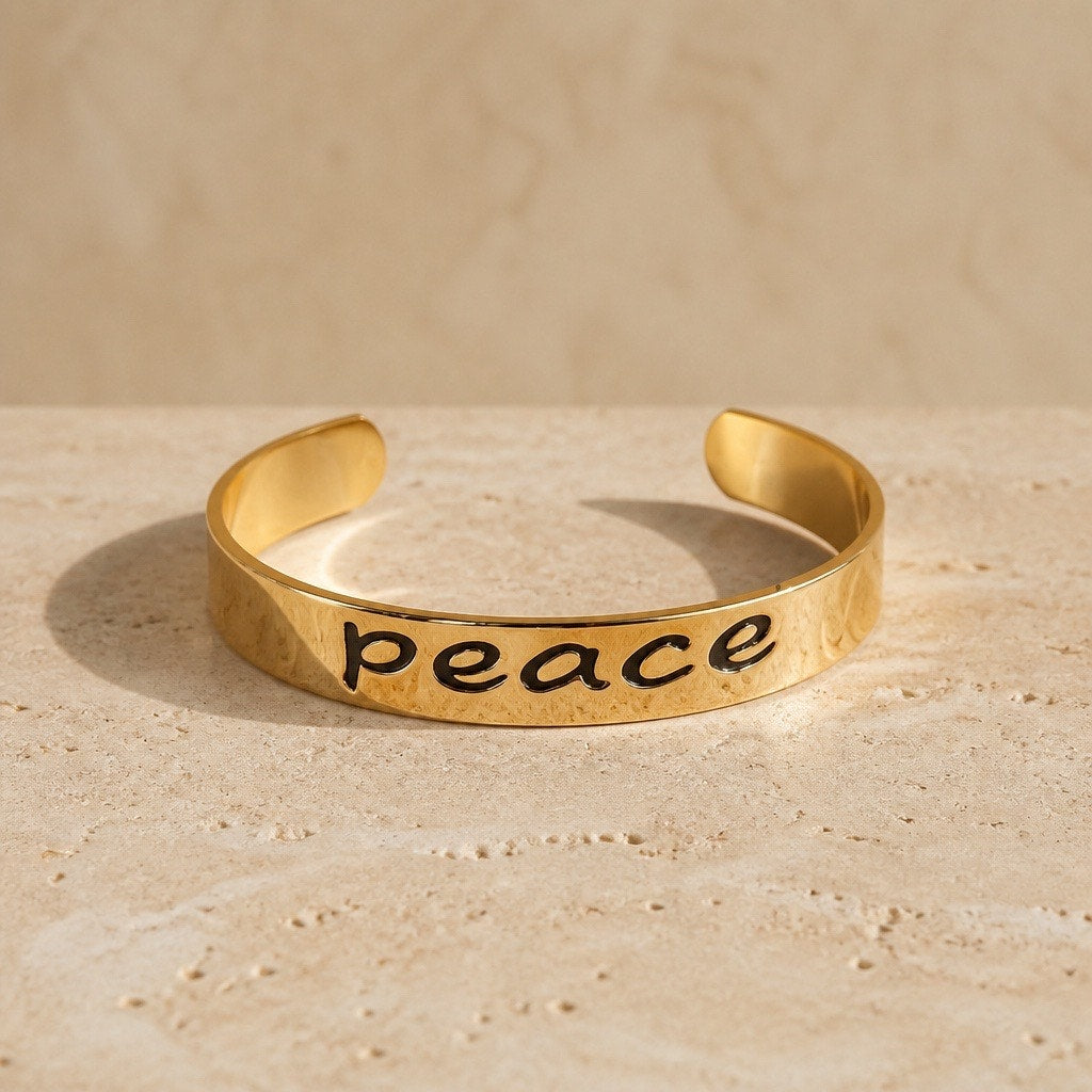 The Seraphina Peace Cuff – Polished Gold Inspirational Statement Bracelet