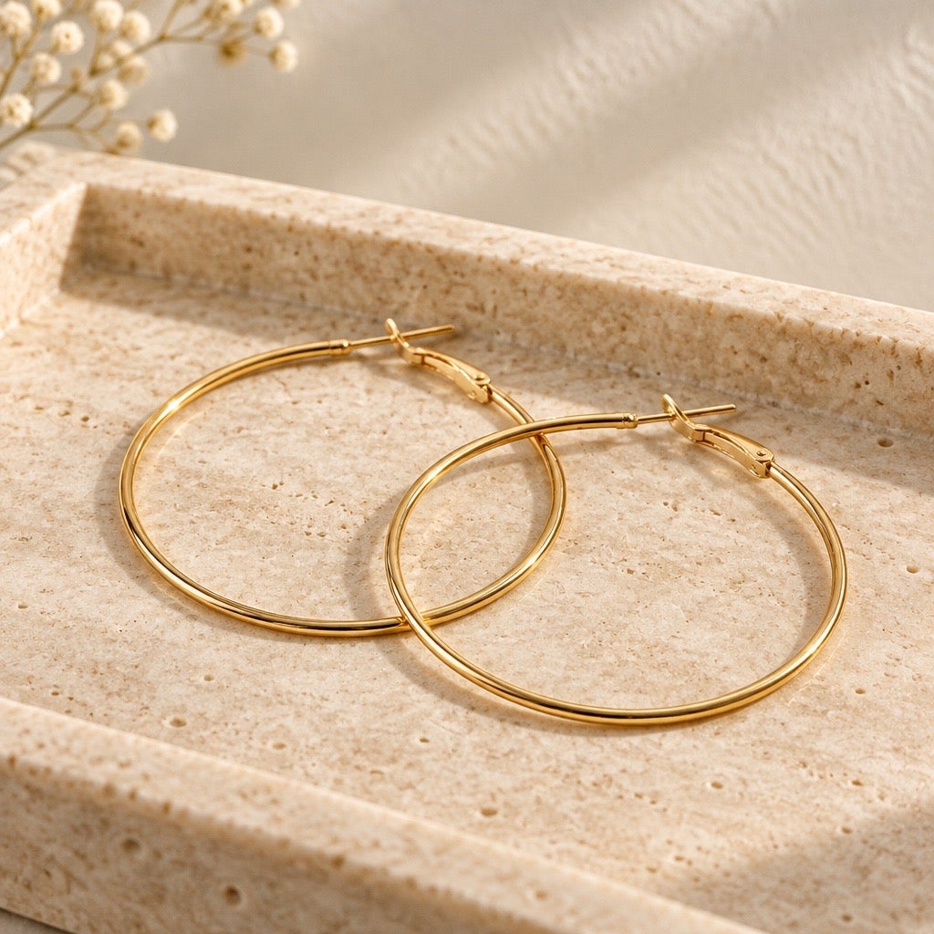 circa 1990s Vintage Sleek Golden High-Polish Oversized Hoop Statement Earrings