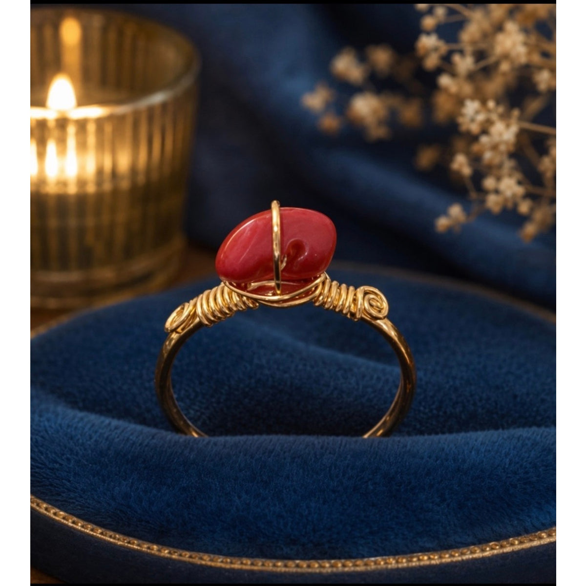 Handcrafted Red Coral Wire Wrapped Gold Filled Statement Ring