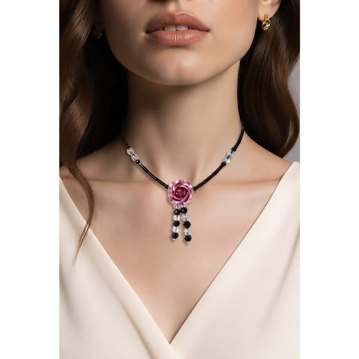 The Briar Rose Necklace – Metallic Pink Blossom & Black Beaded Choker