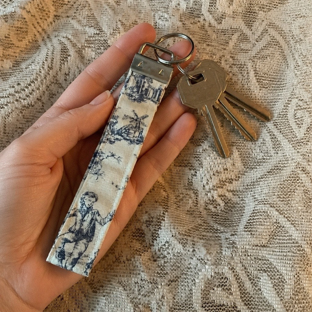 Handcrafted Cottagecore Toile Fabric Wristlet Key Fob Keychain