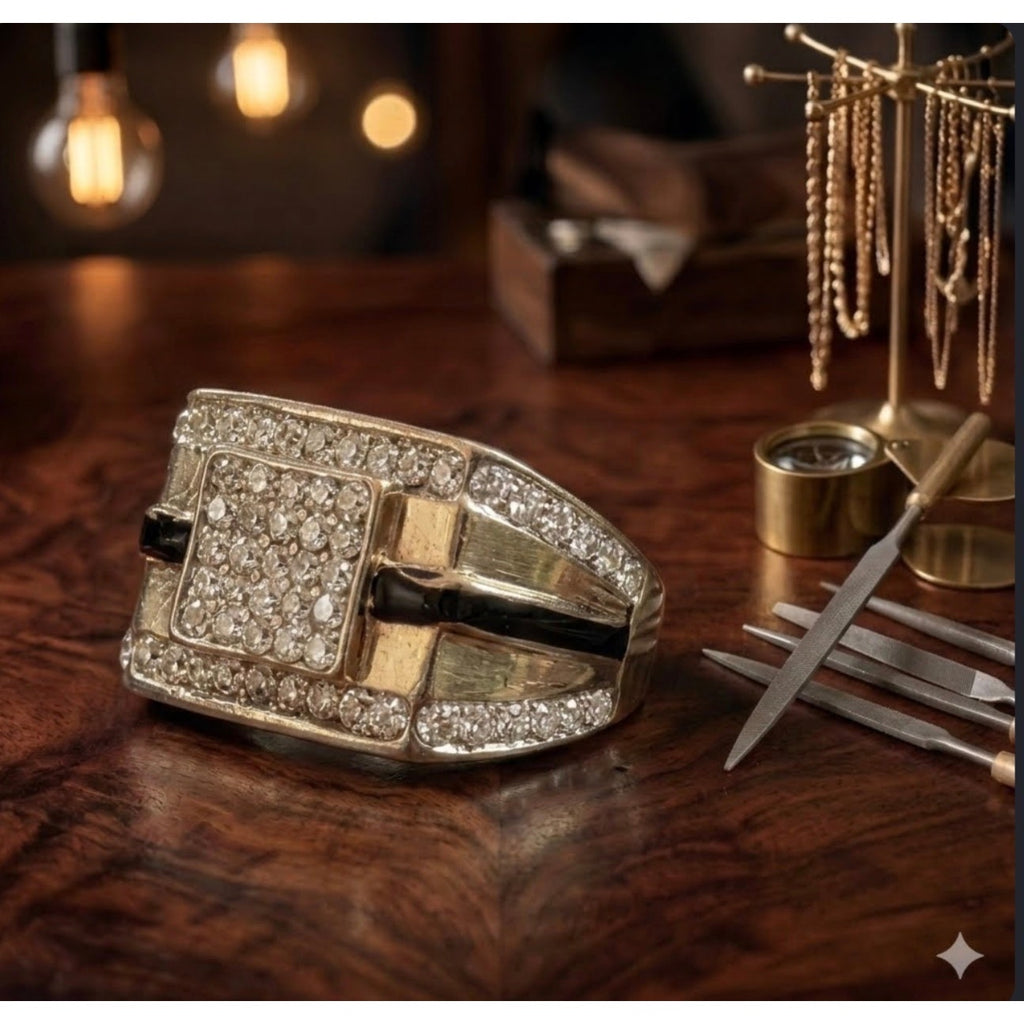 Men's 14K Gold Plated Two-Tone Iced Out Square Signet Ring Wide Pave Band