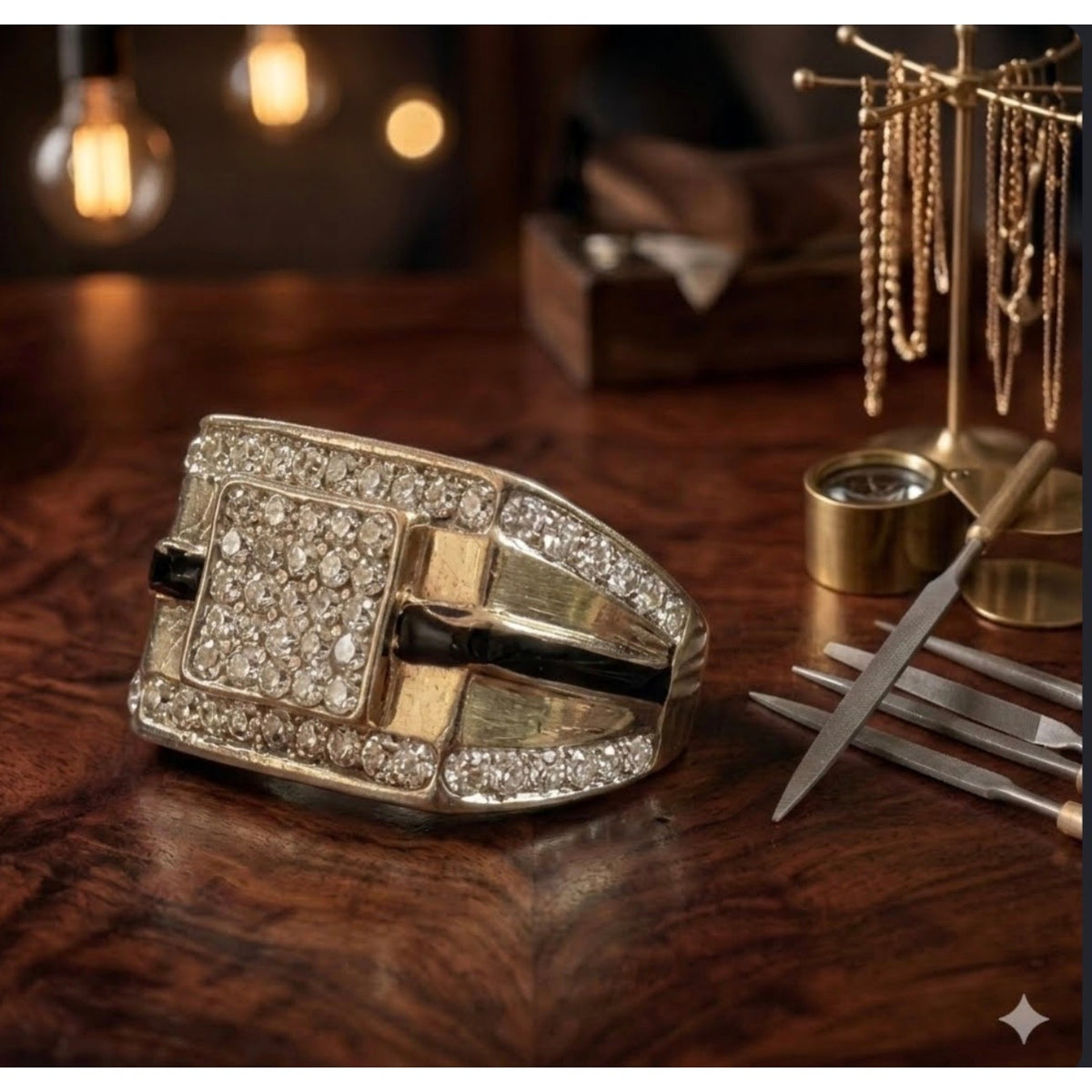 Men's 14K Gold Plated Two-Tone Iced Out Square Signet Ring Wide Pave Band