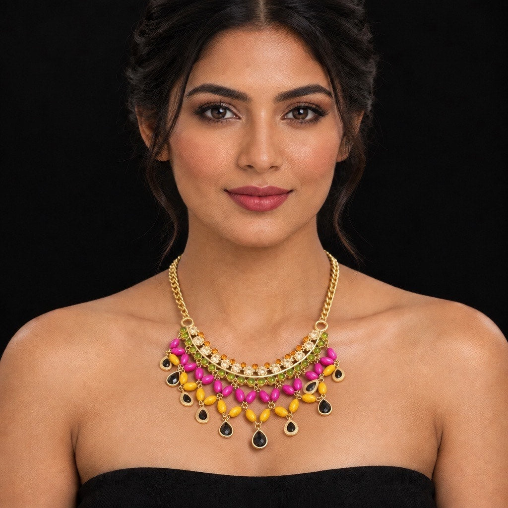 Multi-Color Beaded Statement Necklace - Pink & Yellow