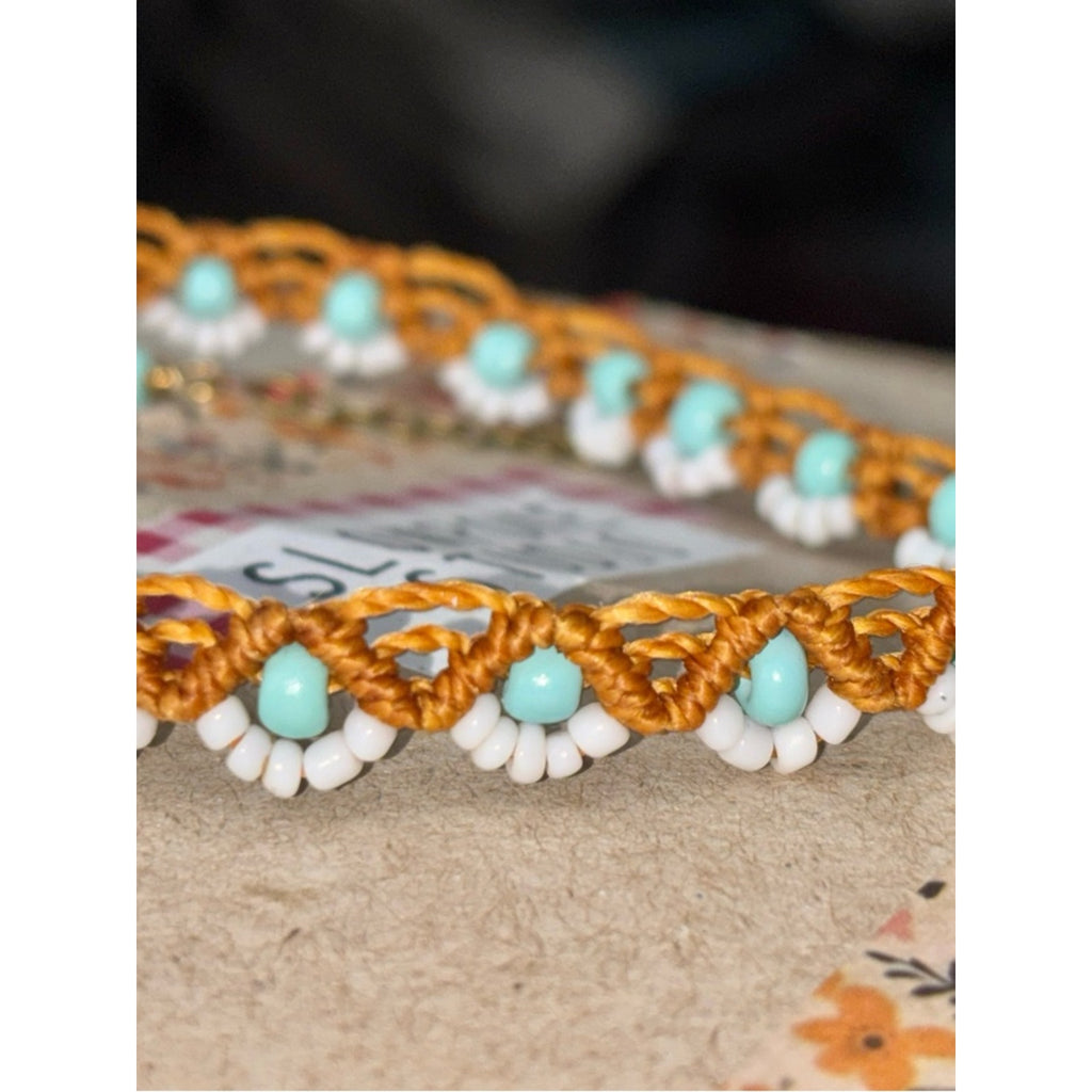 Handcrafted Daisy Seed Bead Choker Necklace Macrame Mustard Gold Turquoise  Jewelry