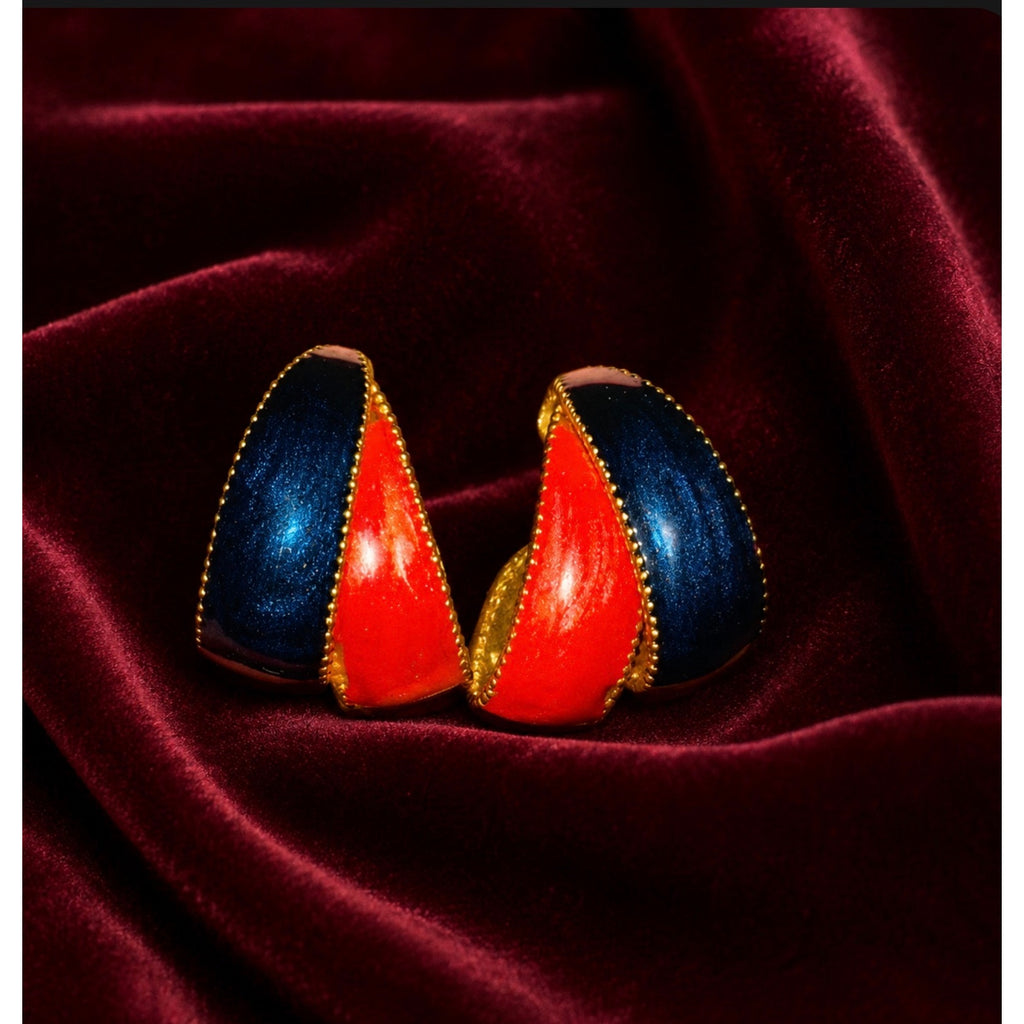 ✨ Midnight & Crimson Enamel Statement Earrings – Vintage Gold-Tone Design