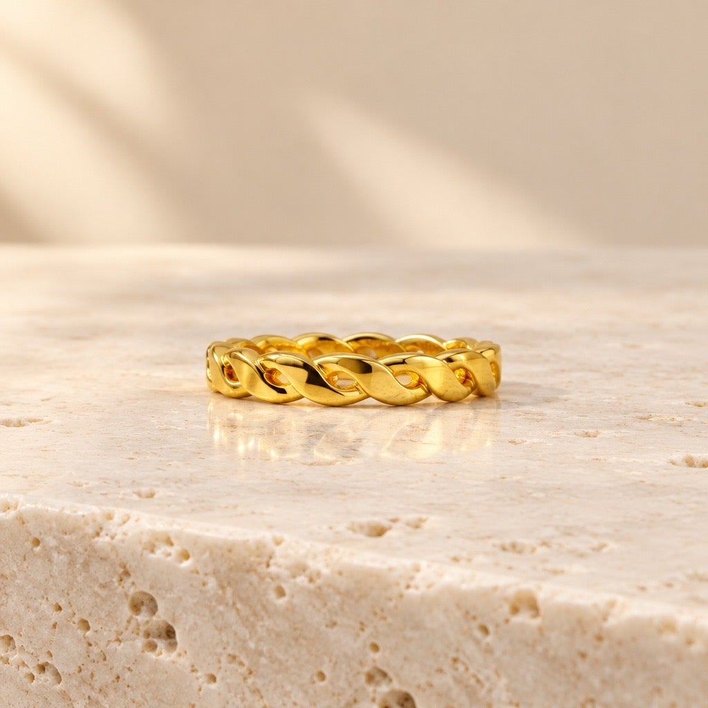 Modern 14K Gold Plated Thin Twisted Rope Ring – Stackable Braided Vine Band