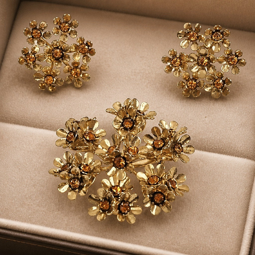 The Autumn Harvest Collection: Vintage Coro Topaz Rhinestone Flower Cluster Set