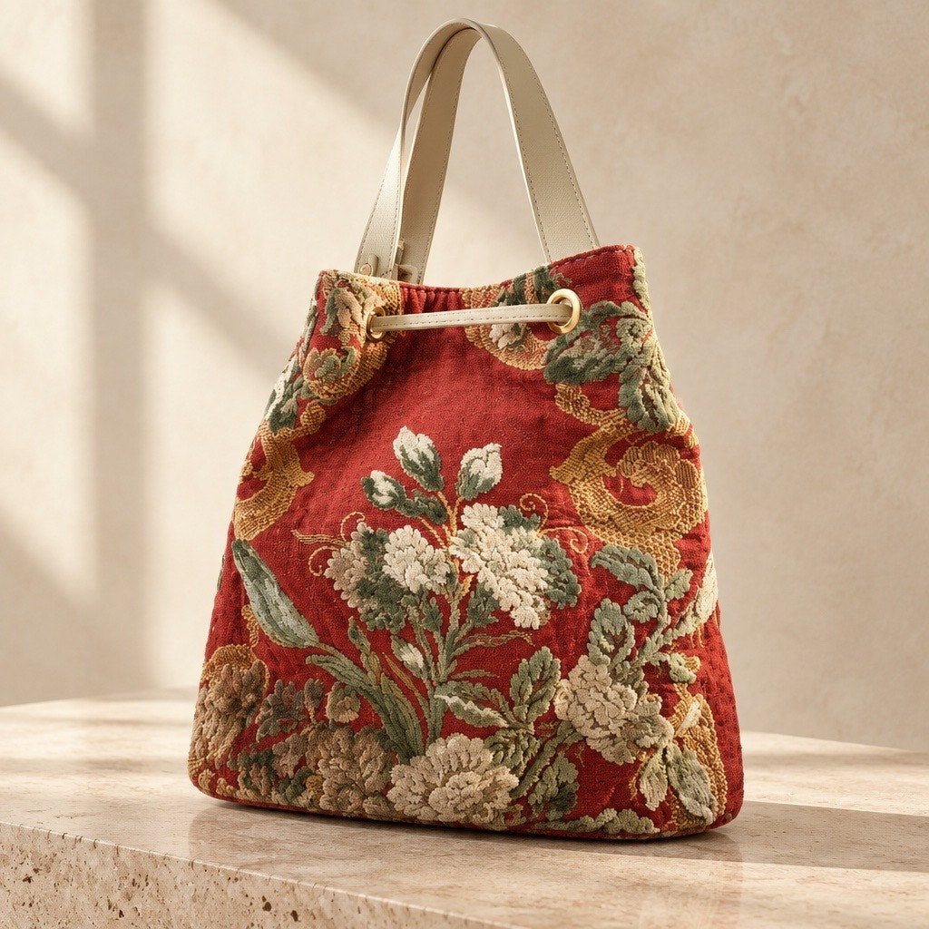 Vintage Setificio Leuciano Woven Floral Tapestry Bucket Bag -