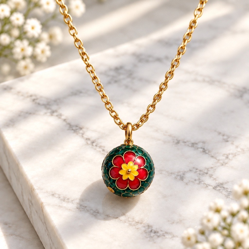 Vintage 1970s Cloisonne Enamel Flower Ball Pendant Necklace in Gold Tone with Red Hoop Earrings